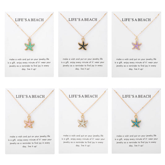 CIWEAI 6Pcs Gold Beach Starfish Necklace Set for Women Cute Beachy Hawaii Star Fish Bulk Necklaces Pack Trendy Hawaiian Friendship Matching Jewelry Accessories (Starfish-White-Card)