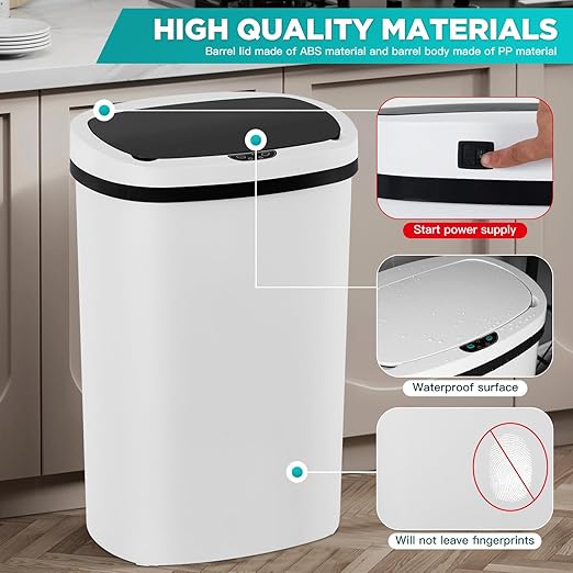 PayLessHere | 13 Gallon Plastic Trash Can | White | Automatic Touchless Lid with Motion Sensor | Kitchen Garbage Can with Waterproof Design | for Home, Office, Bathroom | Pack of 1
