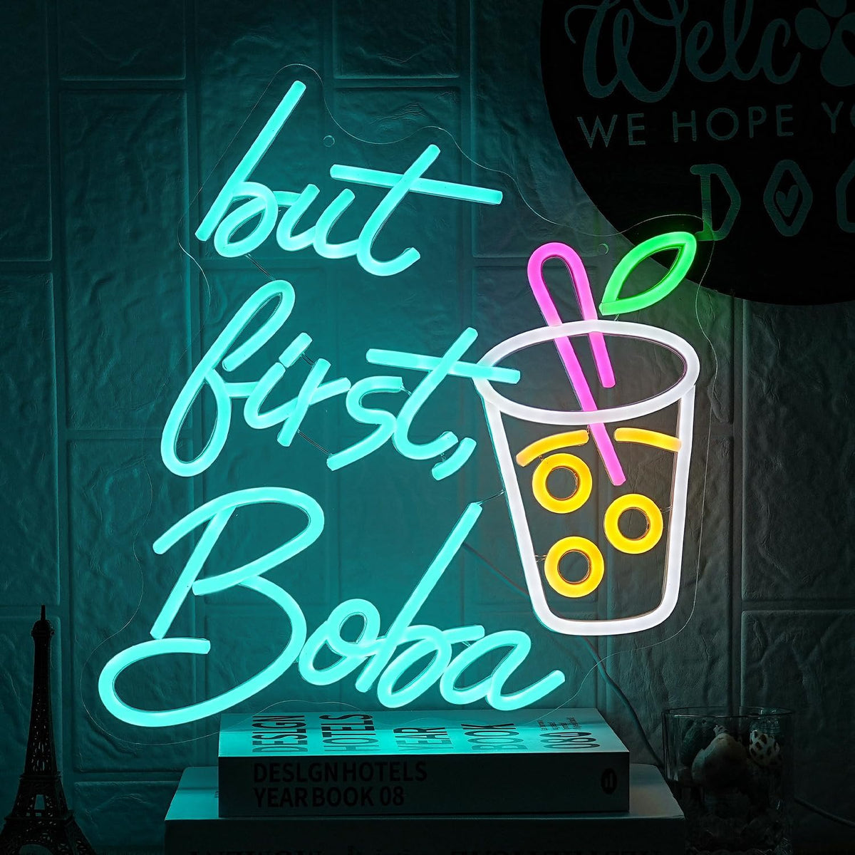 But First Boba Neon Sign Bubble Tea with Cup Neon Sign for Wall Decor Milk Tea Neon Lights Dimmable LED Neon Light Signs for Restaurant Coffee Dessert Shop Party(15.2 * 13in)