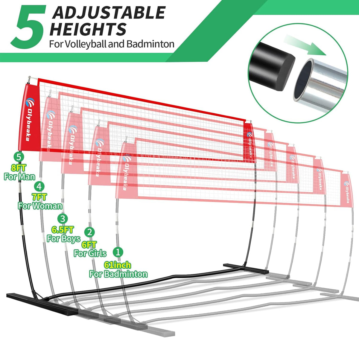 Portable Volleyball Net 5-Height Adjustable for Backyard with Widened Base, Tetoron Net, 6 Metal Stakes and 4 Sandbags, 12ft/14ft Volleyball Practice Training Equipment with Carry Bag
