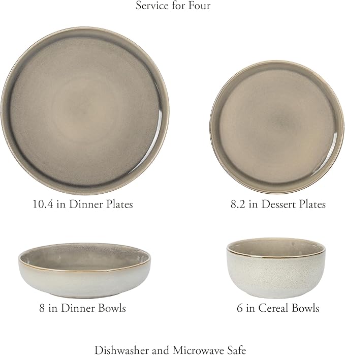 Gibson Elite Sunveil 16 Piece (Service for 4) Plates and Bowls Reactive Glaze Round Dishes Stoneware Ceramic Dinnerware Set -Taupe