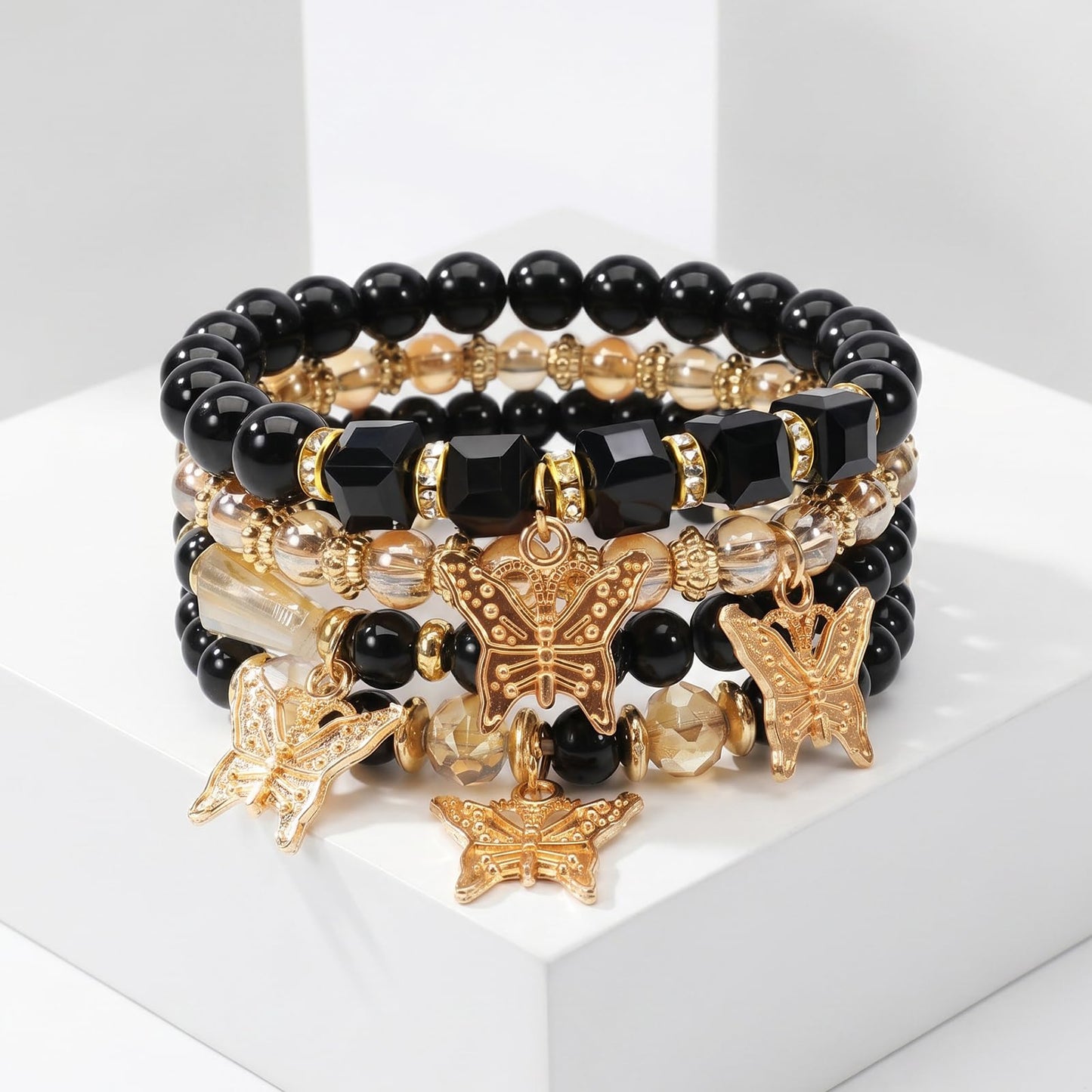 Briutn Black Gold Butterfly Stackable Beaded Bracelet Set Boho Stretch Bracelets Jewelry Gift for Women