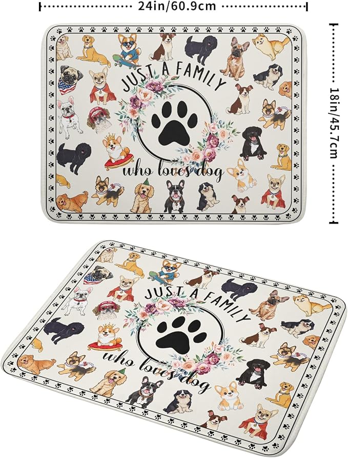 Dog Family Dish Drying Mat Cartoon Pet 18 X 24 in Absorbent Printed Drying Pad for Dog Lover