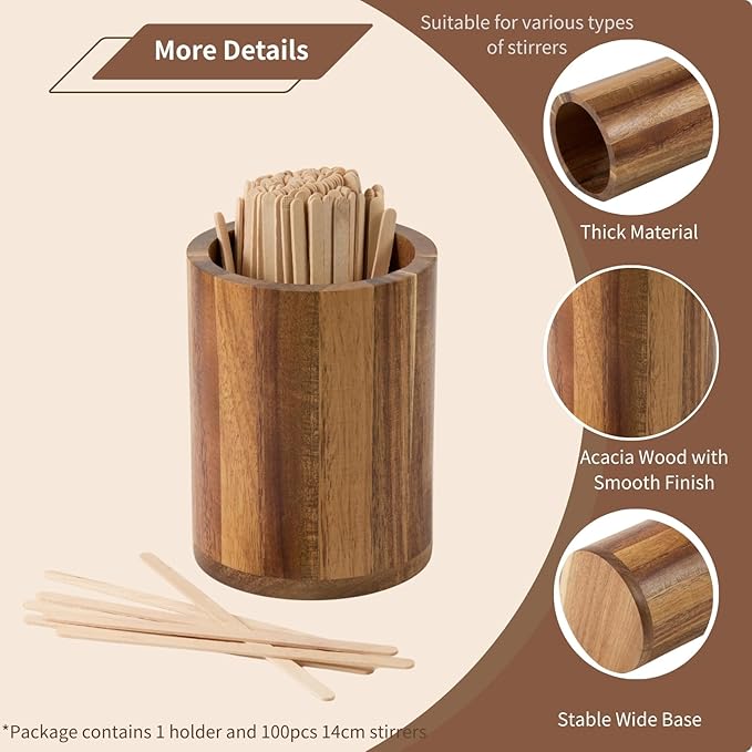 Acacia Wood Coffee Stirrer Holder Set with 100 Disposable Stir Sticks, Wooden Bar Accessories for Milk Cocktail Tea Drinks Straws, Organizer for Station Countertop