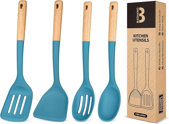 Silicone Cooking Utensils Set, Perfectly Angled for Frying, Mixing,Serving,Draining,Turning and Stirring, BPA-Free Matte Silicone, Wood Handles, Safe for Nonstick Cooking Surfaces,4 Pack (Blue)