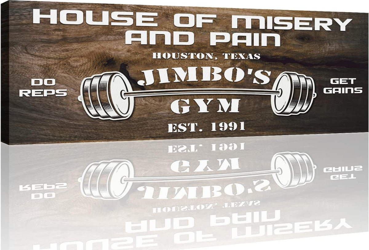 Tailored Canvases Personalized Gym Sign Wall Art Decor - Motivational Canvas for Home Gym, Workout Room, Garage, Fitness Center - Workout Inspirational Posters - House of Misery and Pain, Wooden 48x16in
