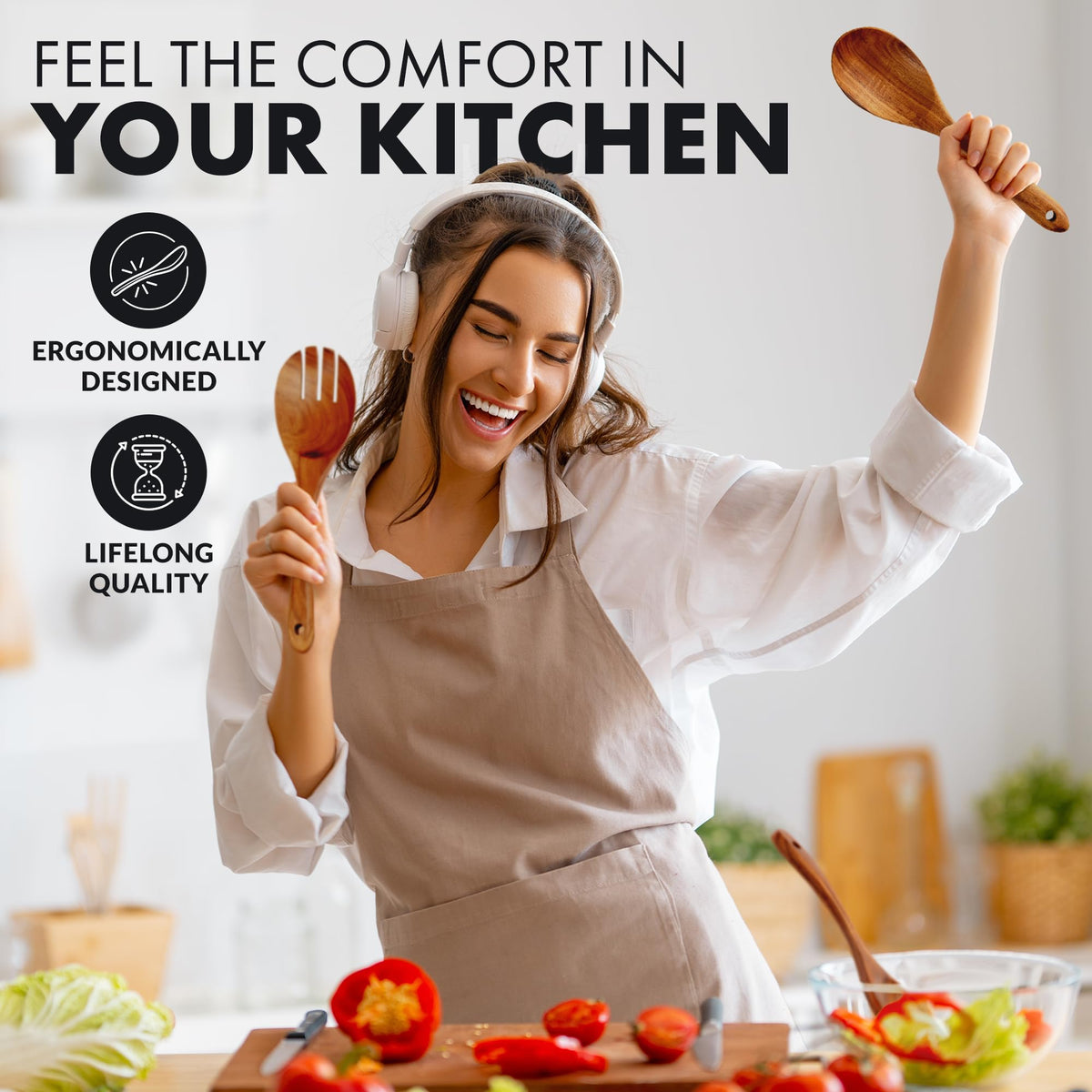 Zulay Kitchen 10-Piece Wooden Spoons for Cooking - Smooth Finish Teak Wooden Utensils for Cooking - Soft Comfort-Grip Wood Spoons for Cooking - Non-Stick Wooden Cooking Utensils - Wooden Spoon Sets