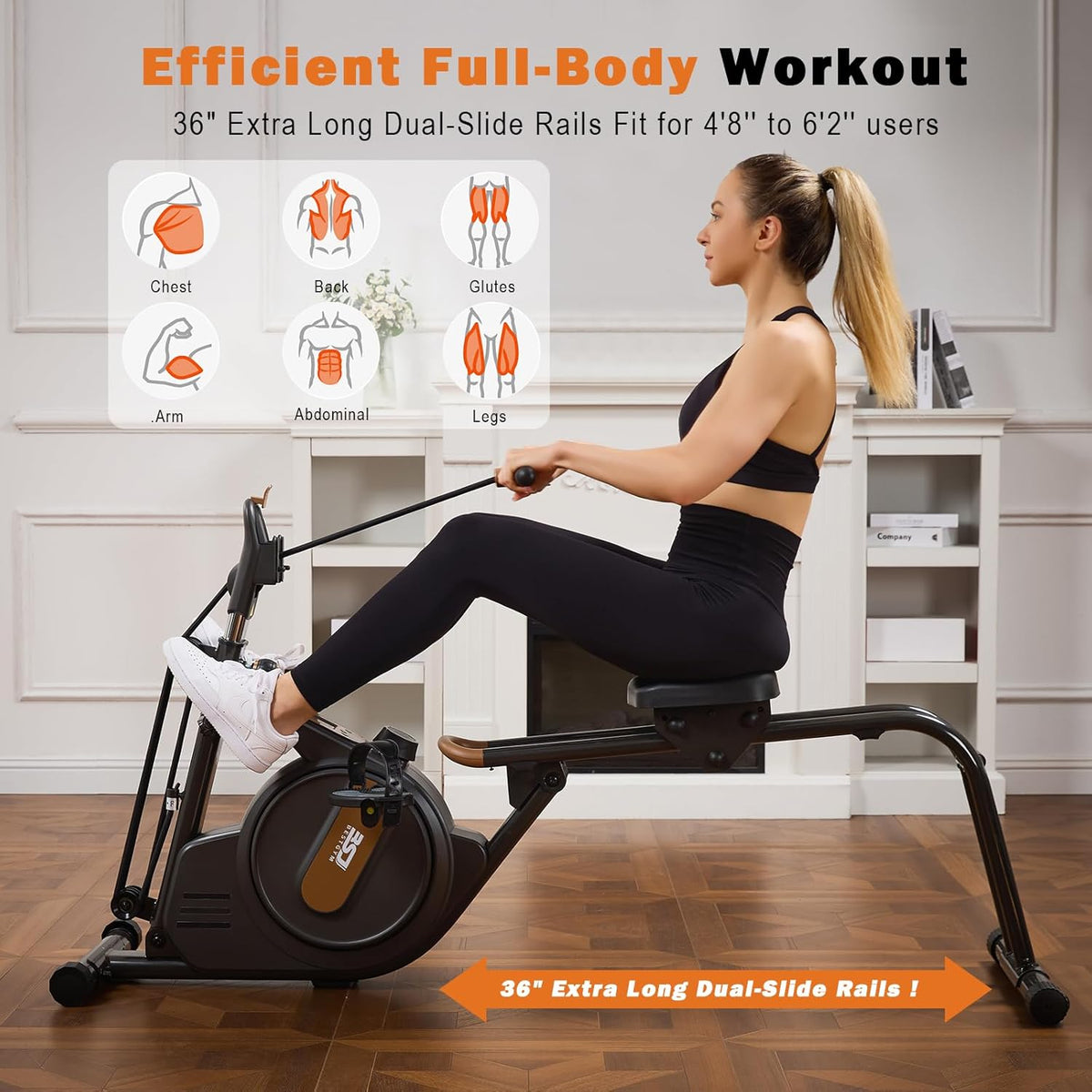 3 in 1 Rowing Machine, Dual Slide Rail 6-Level Adjustable Height with Max 350lb Weight Capacity, Home Fitness Rower for Full Body Workout, App Compatible