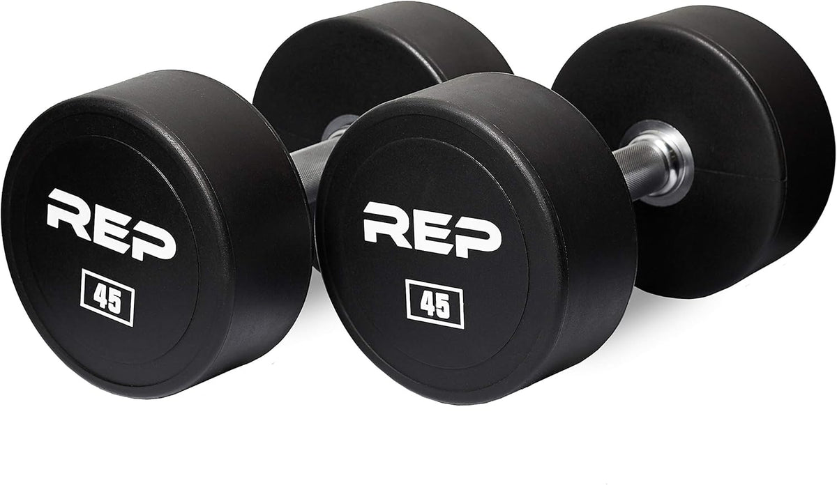 REP Fitness Urethane Coated Round Dumbbells, 5 to 100 lbs, Singles or Pairs, With or Without Rack, Steel Core, Rubber Encased, Chrome Handles, Professional Weights for Home Gym Strength Training