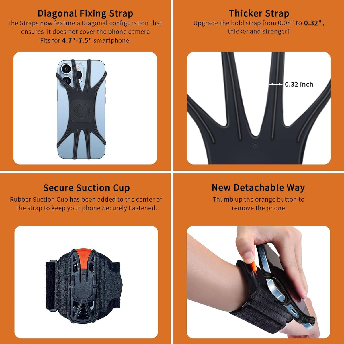 Armband Phone Holder 360° Rotation & Detachable, Compatible with iPhone 15/14/13/12/Pro/Pro ect., for Samsung, and More Fits 4''-6.5'' Phones Ideal for Walking Running