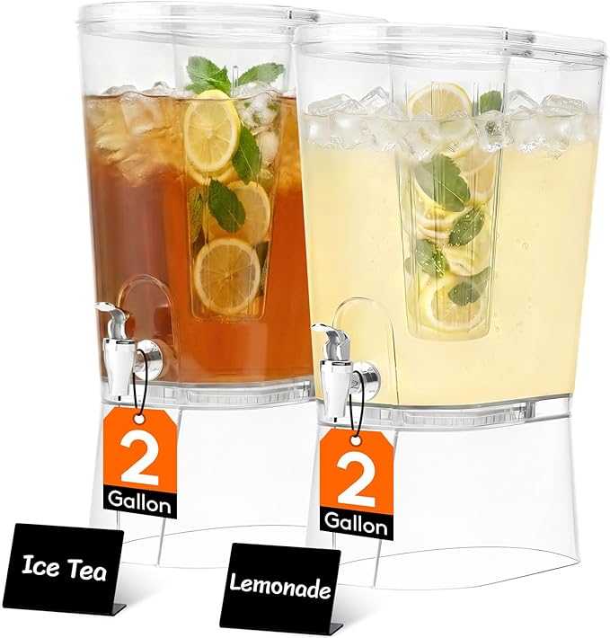 Lifewit 2 Gallon Drink Dispenser for Parties 2 Pcs, Large Plastic Beverage Container for Juice/Tea/Soda with Stand & Ice Core, Clear Lemonade Dispenser with Spigot, BPA Free Water Pitcher for Hosting
