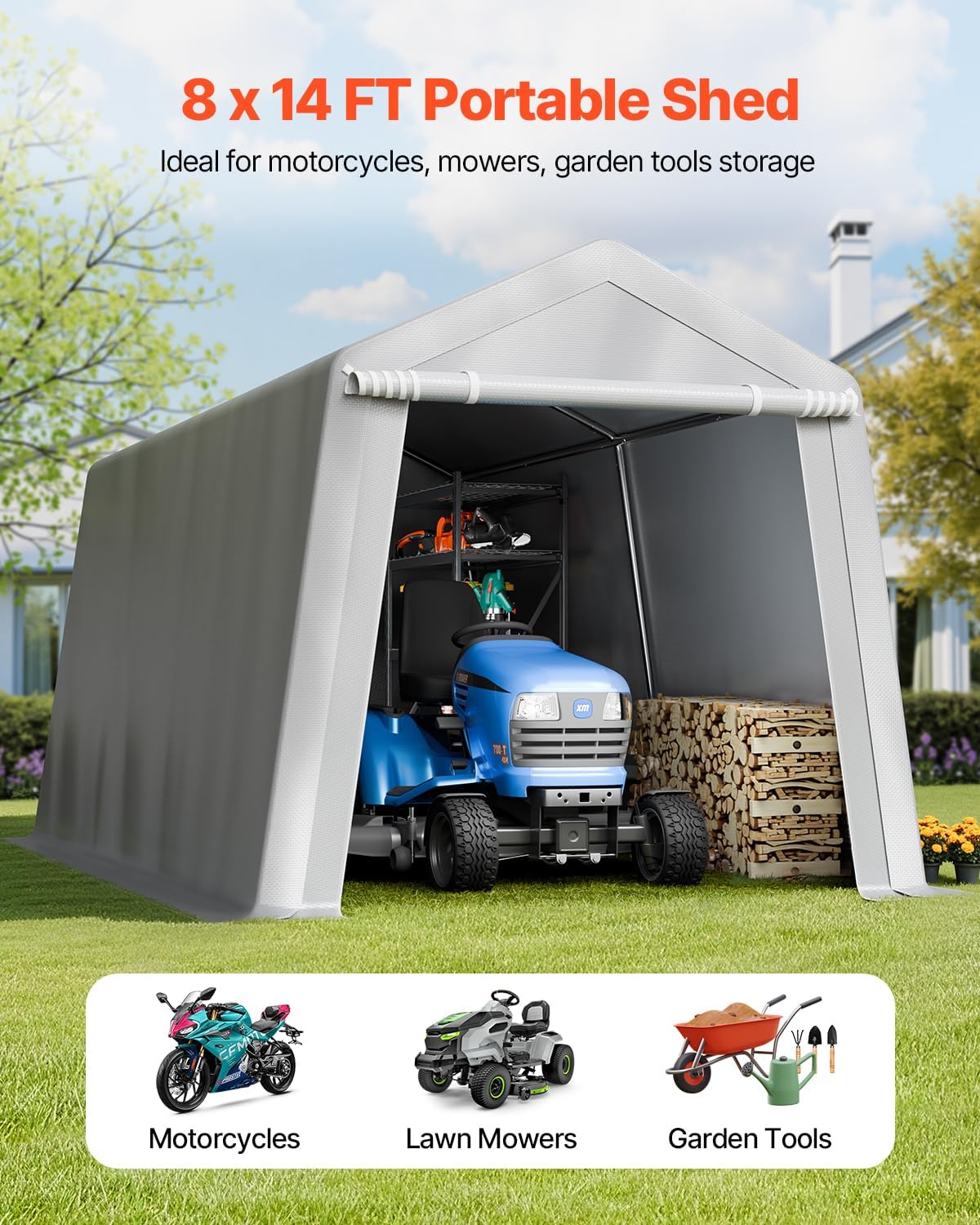VEVOR Outdoor Storage Shed, 8 x 14 ft Portable Storage Tent with Roll-up Door & Vents, Waterproof Canopy Shed Shelter, Heavy Duty Frame, Patio Garage Carport for Motorcycle, Lawn Mower, Bike, Grey