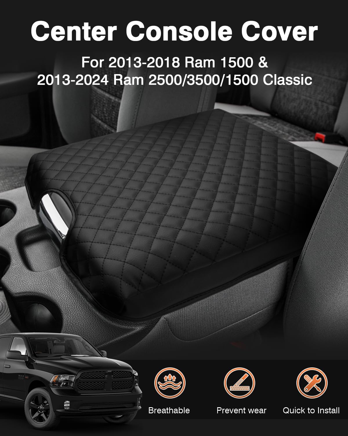 Shademax Center Console Cover for 2013-2018 Ram 1500 & 2013-2024 Ram 2500/3500/1500 Classic Accessories Armrest Cover Cushion Pad for Jump Seat Console Leather Armrest Seat Box Console Lid Protector
