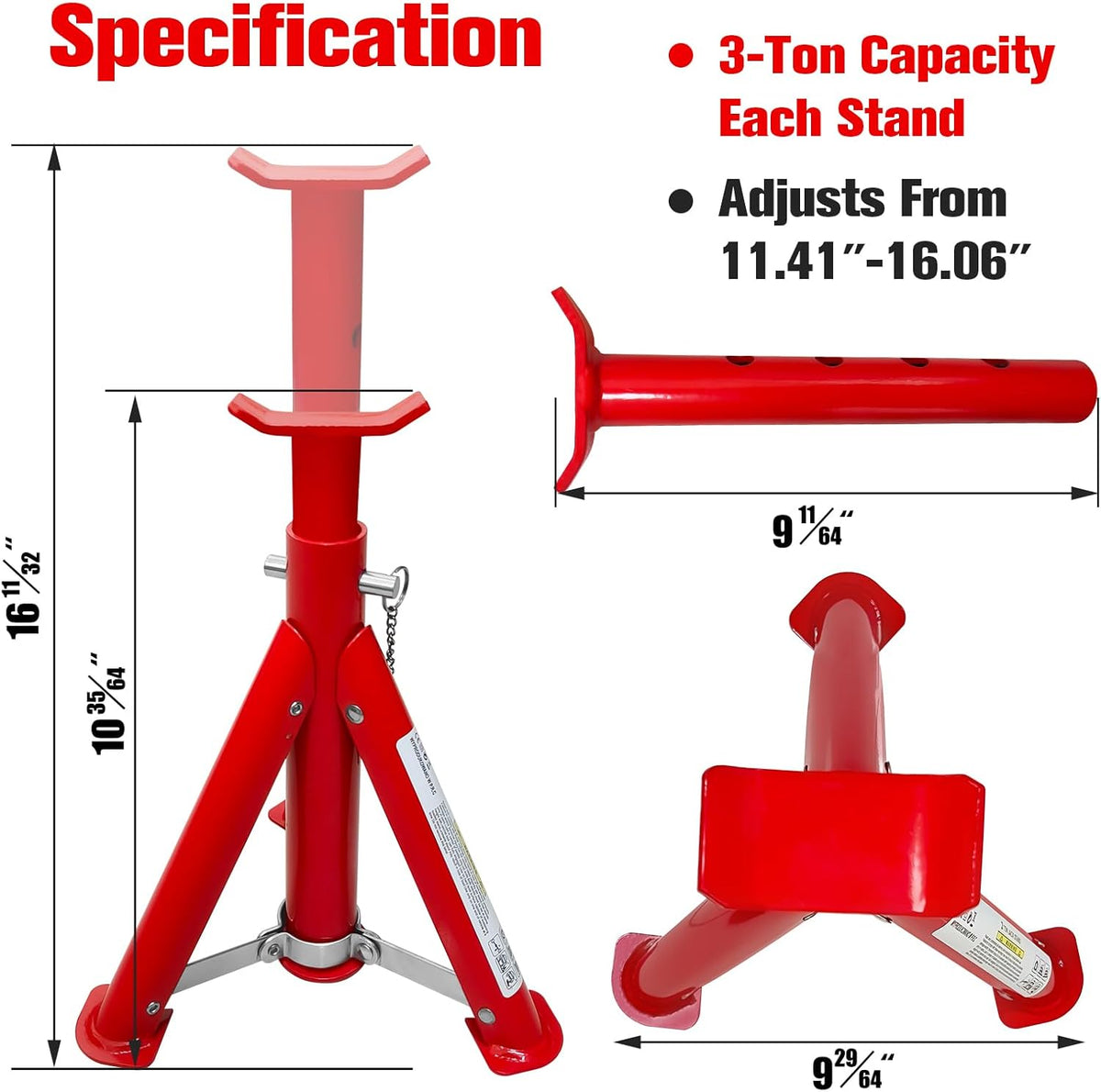 Foldable Jack Stands 3 Ton (6,600 LBs), 11.42"-16.06" Adjustable Height with Mobility Safety Pin,Car Jack Stand for Home&Garage, Workshops,Lifting SUV, Pickup Truck,UTV/ATV, Red, 1 Pair