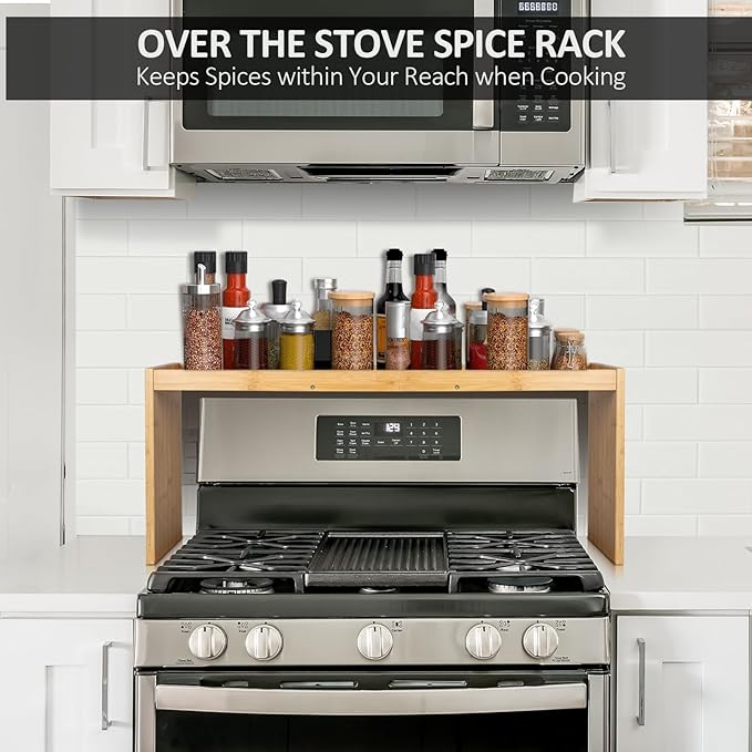 Over the Stove Spice Rack, 33" Wide Bamboo Shelf Rack Organizer for Stove Top