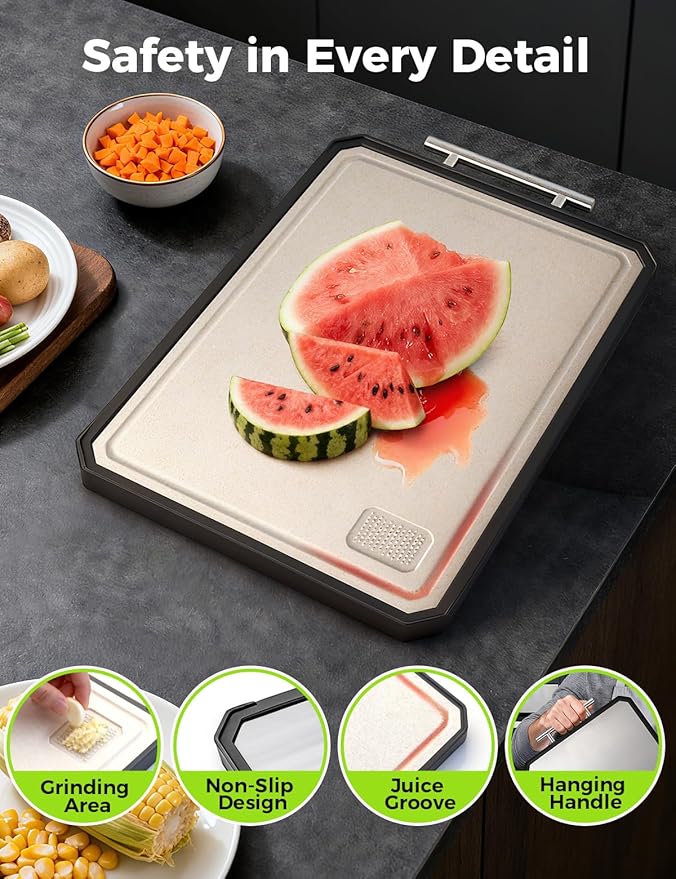 Titanium Cutting Board for Kitchen, Double Sided Non Toxic Titanium Cutting Board with JUICE GROOVE, Food-Grade Metal Chopping Board, Pure Titanium&Wheat Straw PP, Dishwasher Safe16.3”×11”-1 PC