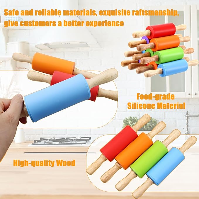 10Pcs 9 Inch Silicone Small Rolling Pin for Kids Wooden Rolling Pins for Baking Mini Silicone 5 Colors Wooden Handle Rolling Pin for Kitchen Cake Baking Cookie