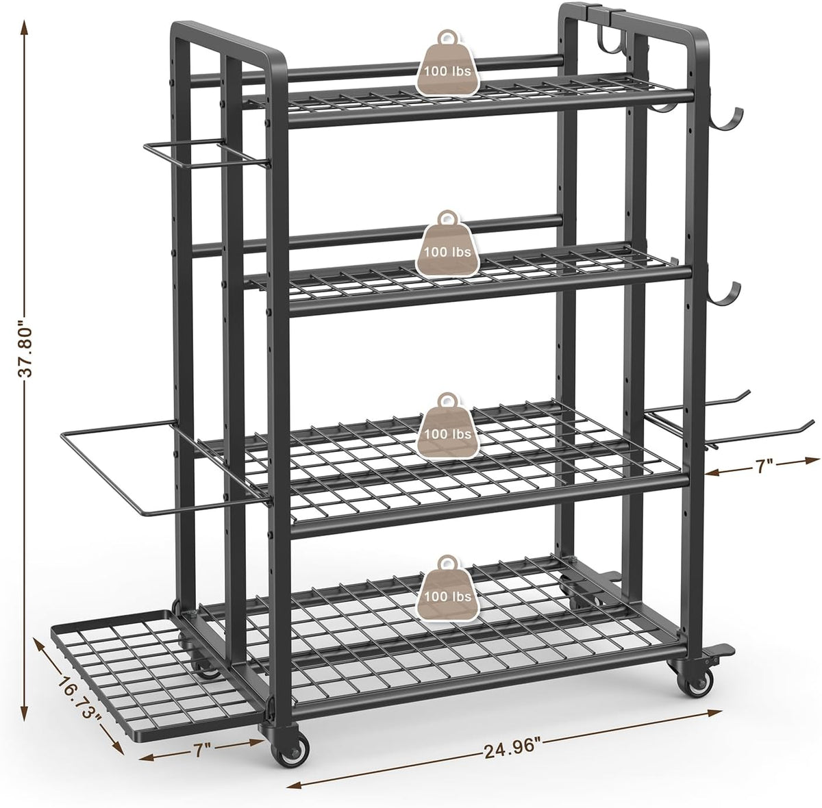 4-Tier Dumbbell Rack Stand Only, Adjustable Weight Rack for Dumbbells Kettlebells Yoga Mat, Home Gym Storage Rack with Wheels and Hooks, Powder Coated Finish