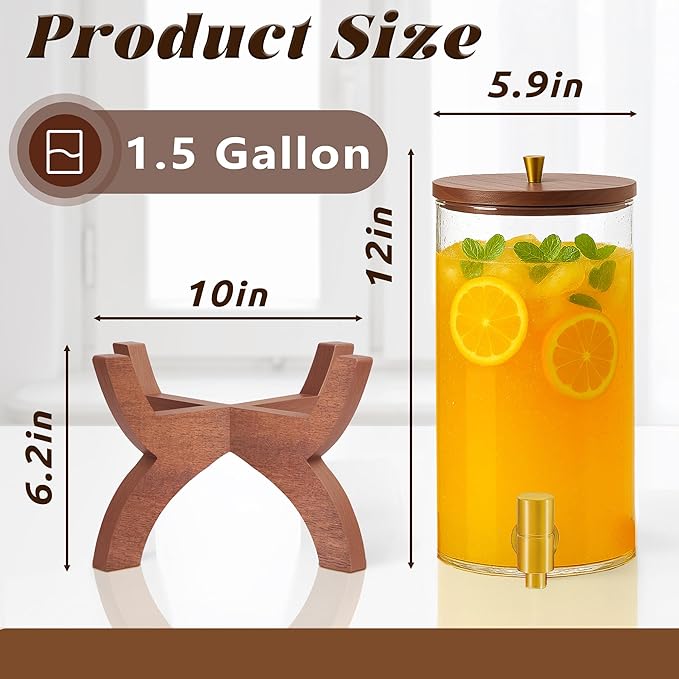 Glass Drink Dispenser,1.5 Gallon Beverage Dispenser with Stand,Lemonade Dispenser with Stainless Steel Faucet,Drink Dispensers for Parties, Bars and Home (Cross Stand)