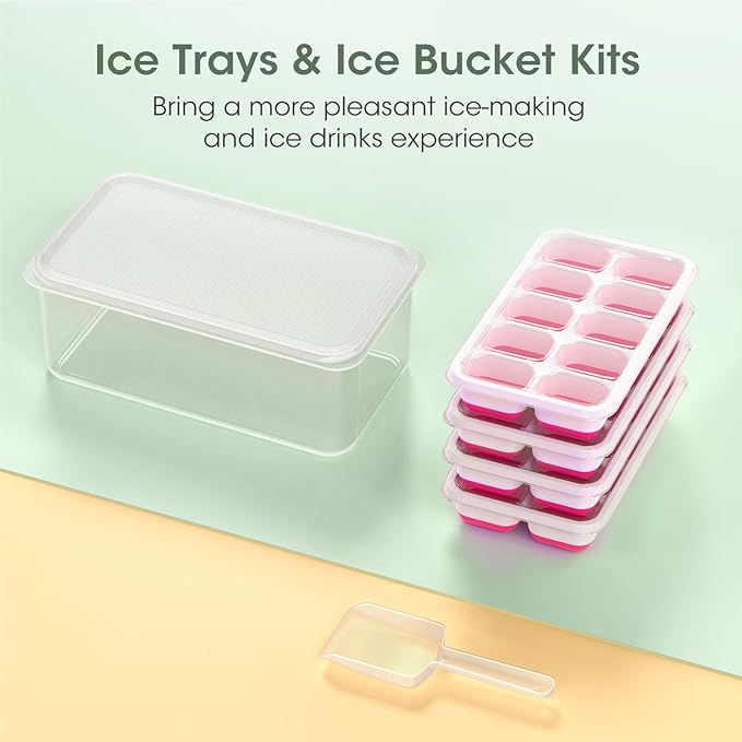 DOQAUS Ice Cube Tray with Lid and Bin - 4 Pack Silicone Ice Cube Trays for Freezer, Stackable Ice Bucket Kits with Storage Container & Scoop for Kitchen, RV, Cocktail, Coffee