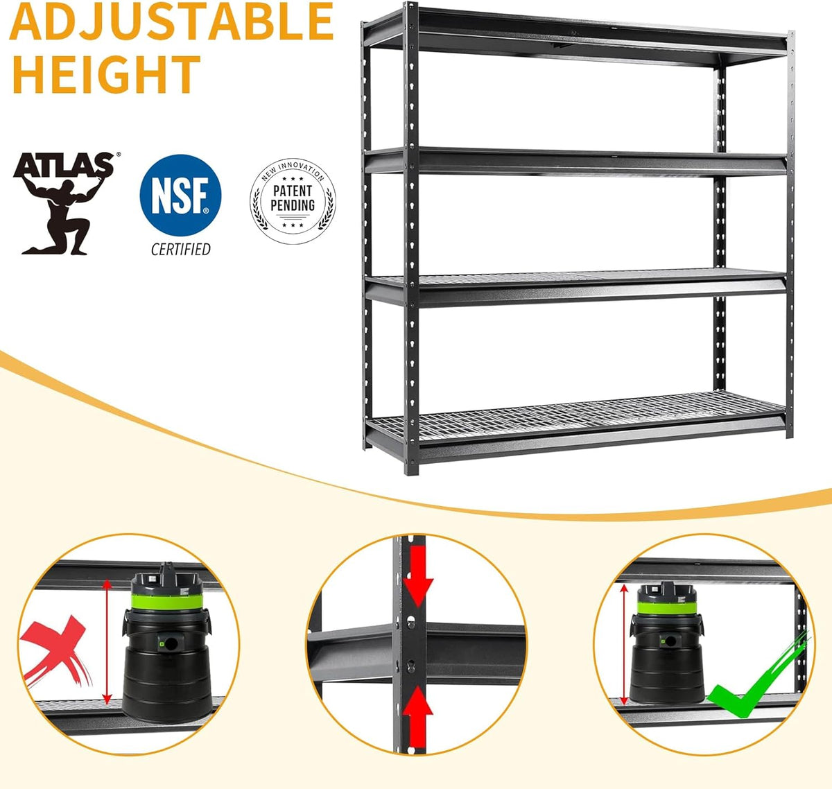 The Atlas 72" W Metal Garage Shelving Unit Load 12000 Lbs, 4 Tier Heavy Duty Storage Rack, Adjustable Industrial Shelves for Warehouse Shop Basement, 72" W x 24" D x 72" H, Black