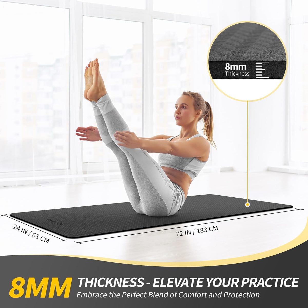 CAMBIVO Yoga Mat for Women Men Kids, 1/3 & 1/4 & 2/5 Inch Extra Thick Yoga Mat Non Slip, 72" x 24" TPE Yoga Mats, Workout Mat with Carrying Strap for Yoga, Pilates and Floor Exercises