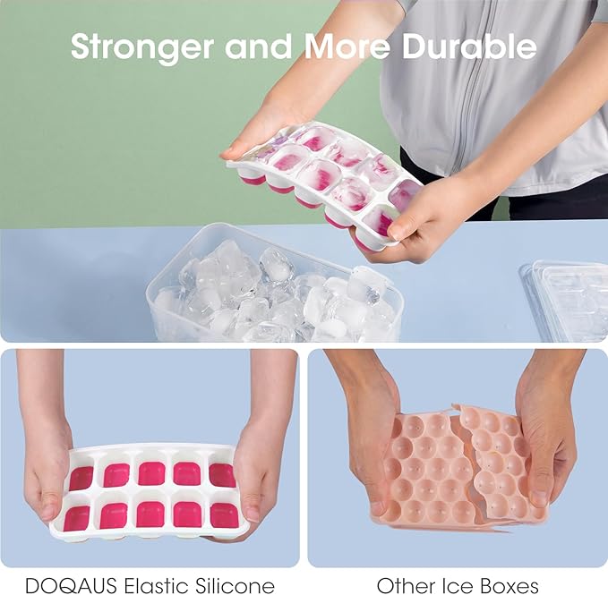 DOQAUS Ice Cube Tray with Lid and Bin - 4 Pack Silicone Ice Cube Trays for Freezer, Stackable Ice Bucket Kits with Storage Container & Scoop for Kitchen, RV, Cocktail, Coffee