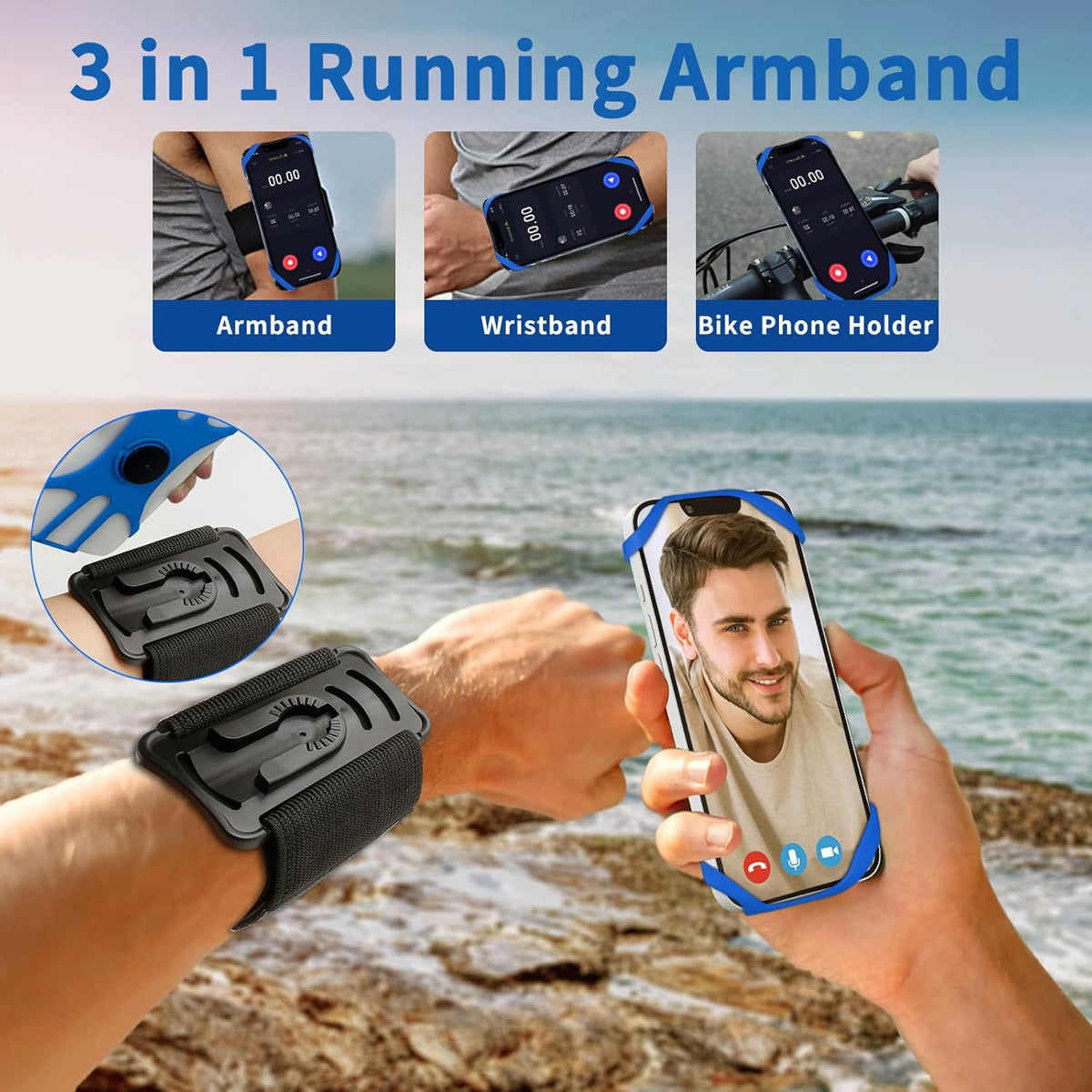 3in1 Phone Holder for Running,Arm Band/Wrist Holder/Bike Mount,Phone Armbands 360° Rotation & Detachable Fit All 4.5-7" Cellphone for iPhone 16/15/Pro/ProMax/14/13/12/mini/Pro Max/XS/XR