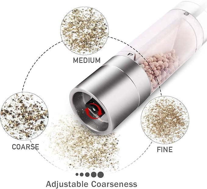 Mixoo Salt and Pepper Grinder - 2 in 1 Manual Stainless Steel Salt Pepper Mill Herb Spice Grinder Shakers Refillable with Adjustable Coarseness Ceramic Rotor and Dual Clear Acrylic Chamber