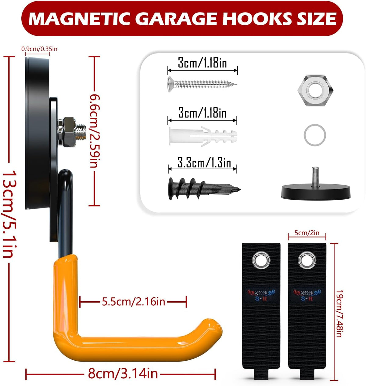 3-H Heavy Duty Magnet Garage Hooks 4 Pack, Large Strong Magnetic Hooks for Hanging Cordless Power Drill, Utility Magnetic Tool Holder for Metal Cabinet, Steel Pegboard, Toolbox, Garage(Orange)