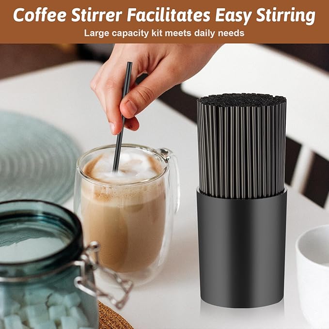 200 Pcs Black Coffee Stirrer Sticks and Holder Set 7 Inch Plastic Coffee Stir Straws with Holder Cocktail Drink Stirrers Mixing Milk Cocktail Drinks Supplies for Coffee Bar Home Party