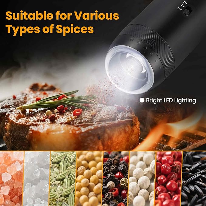 Gravity Electric Salt Grinder Set with Variable Grinding Speed, External Adjustable Coarseness, One Hand Operation, Upgraded Larger Capacity,White LED Light, Black 2 Pcs