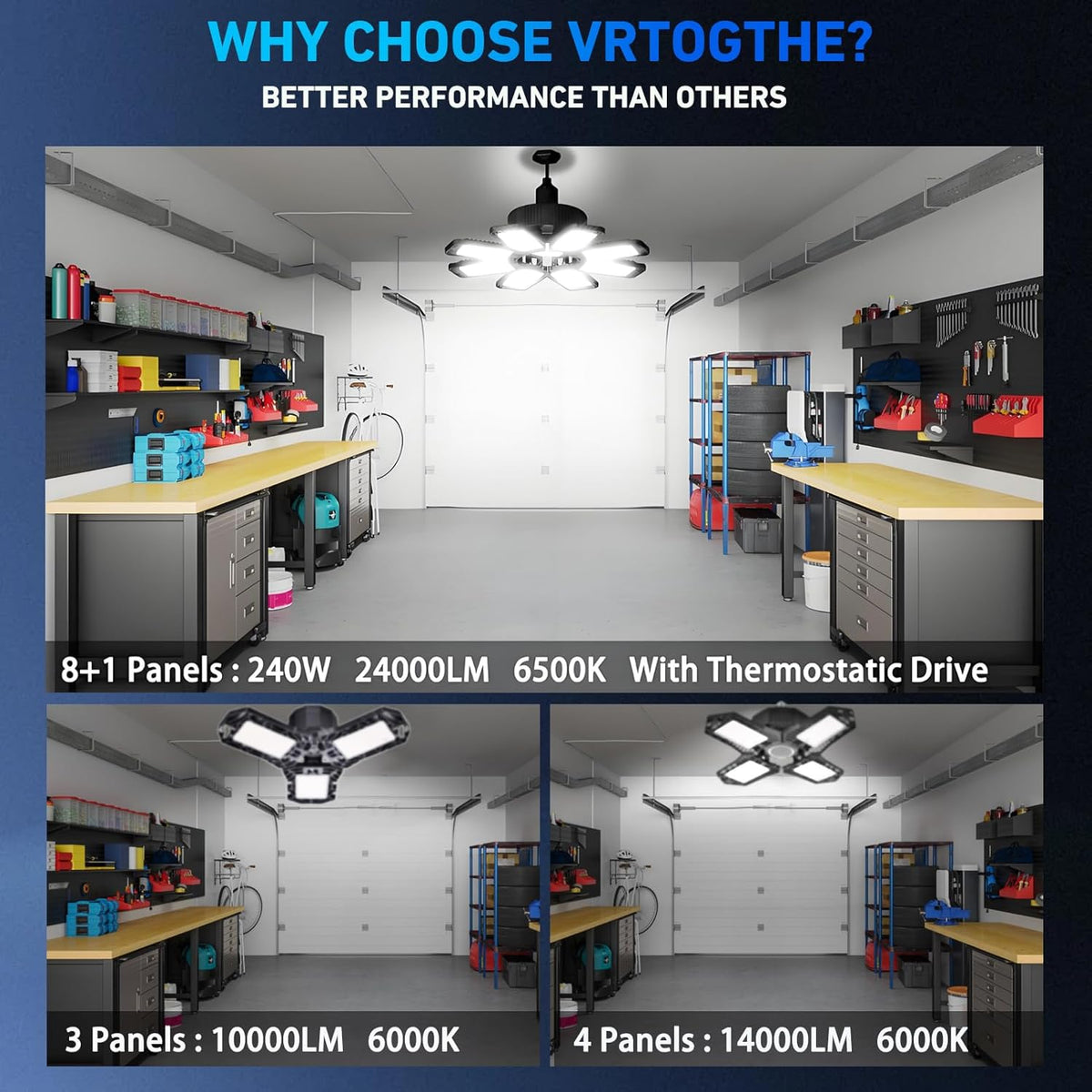 Garage Light 6 Pack - 240W 24000LM 6500K Garage Lights Ceiling LED with 8+1 Deformable Panels, E26/E27 Screw Socket in LED Shop Light for Workshop, Basement, Gym, Barn, Warehouse etc Bay Lighting