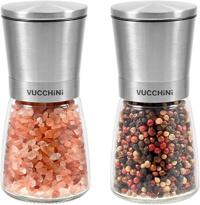 VUCCHINI Salt and Pepper Grinder Set - Adjustable Stainless Steel Spice Ceramic Grinders Mill Shaker for Kitchen Table - Stainless Steel color