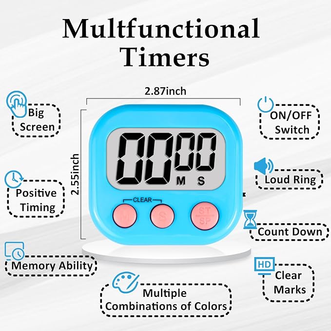 ZILLEEN 6 Pack Kitchen Timers for Cooking Digital Classroom Timers for Kids Teachers Blue Green Purple