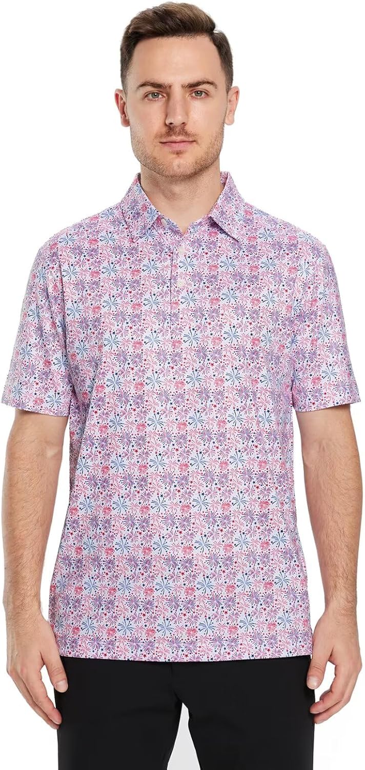 Men's Golf Polo Shirts Short Sleeve Striped Performance Moisture Wicking Dry Fit Golf Shirts for Men