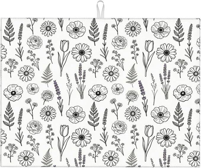 Black and White Floral Aesthetics Dish Drying Mat, for Kitchen Counter Microfiber Absorbent, Dish Draining Mat Extra Large 18"x24"
