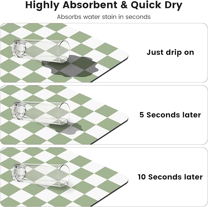 17" x 32" Checkered Dish Drying Mat for Kitchen Counter, Absorbent Coffee Bar Mat for Espresso Machine Coffee Countertops Accessories, Sage