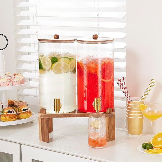 2 PCS 1.5 Gallon Drink dispenser, Glass Beverage Dispenser With Wood Stand, Large Water Drink Dispensers for Parties With Stainless Steel Spigot, Ideal for Lemonade,Juice, Tea, and Party Drinks