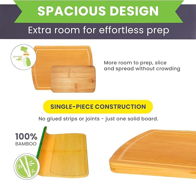 Extra Large Bamboo Cutting Board Set of 2 – Wood Cutting Boards for Kitchen with Glue-Free Surface™ & Juice Groove – Non-Toxic Wooden Chopping Boards, FSC-Certified, Durable Carving Boards