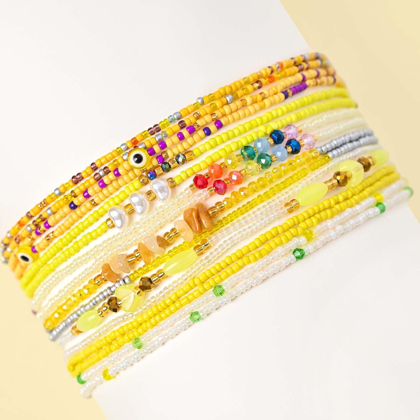 ELABEST Adjustable Handmade Waist Beads Stretchy 23-52 inch 8Pcs Chakra Body Belly Beaded Women Waist, Anklet, Bracelet, Necklace Jewelry with Screw clasp (Yellow, 39.3inch/100cm)