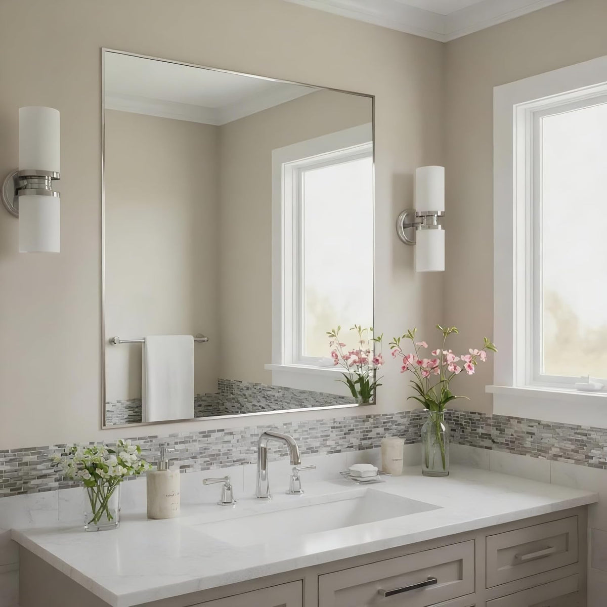 30x30 Inch Nickel Bathroom Mirror for Wall, Aluminum Frame Rectangle Rectangular Vanity Mirror, Modern Large for Bedroom, Living Room, Horizontal or Vertical