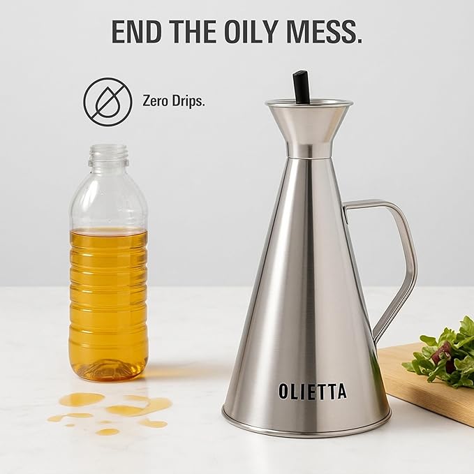 Olietta Olive Oil Dispenser Bottle Stainless Steel Non Drip Leak Proof No Mess Vinegar Pourer & Kitchen Drizzler 8.5 oz 250ML 0.25 Litre Great for Pouring & Drizzling Easy to Clean & Leakproof