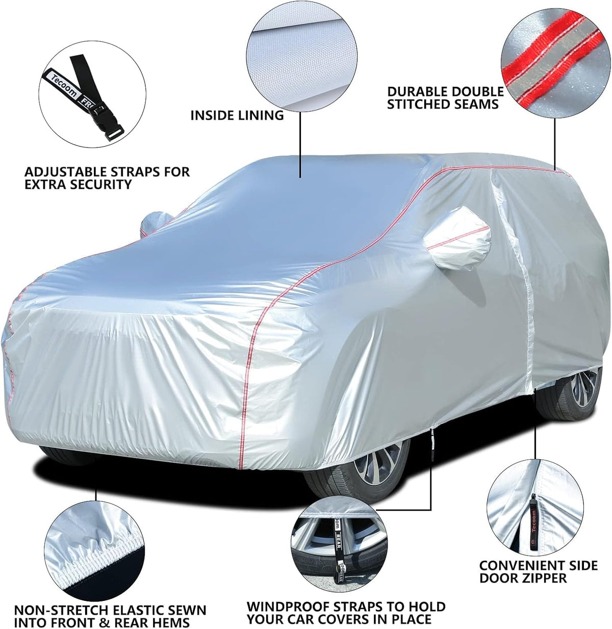 Tecoom Hard Shell Zipper Design Waterproof UV-Proof Windproof Car Cover for All Weather Indoor Outdoor Fit 206-215 Inches Full-Size SUV/Van