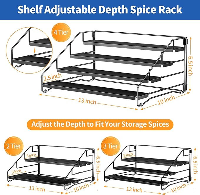 BOIVSHI 4 Tier Spice Rack Organzier, Spice Rack for Cabinet, Adjustable Depth Seasoning Shelf for Countertop, Pantry, Seasoning Organizer, Metal, Black (2 Pack)