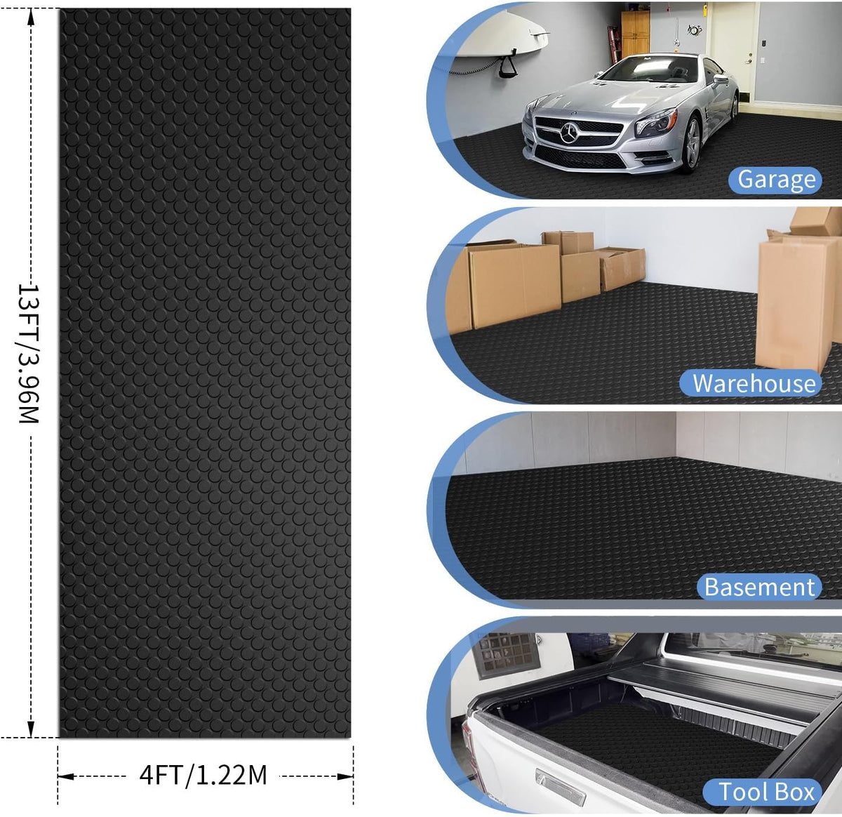Premium Garage Floor Mat, Commercial Grade Heavy Duty Parking Mat for Garage Floor, Golf Cart Parking, Water/Stain Resistant Floor Runner (Black Coin, 4 x 13 Feet)