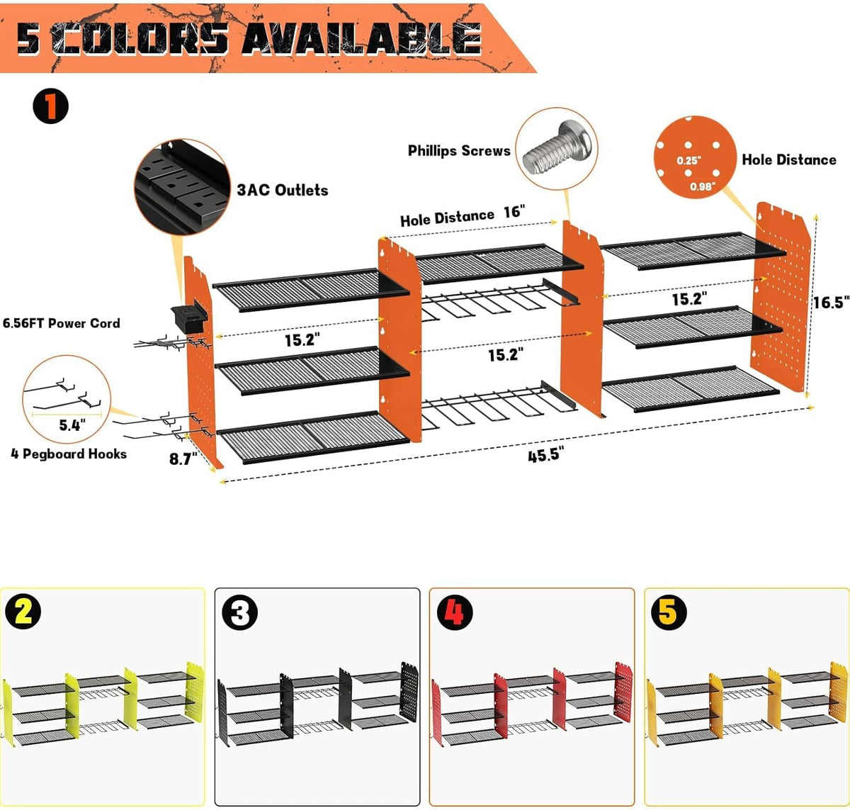 Power Tool Organizer with Charging Station Wall Mount, 3 Layer Expanded Heavy Duty Garage Organization, 45.5 Inch Length Garage Tool Storage, 8 Drills, 2 Assemble Method, Orange