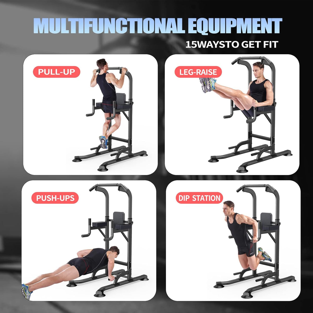 Power Tower Adjustable Height Pull Up & Dip Station Multi-Function Home Strength Training Fitness Workout Station for Home Gym