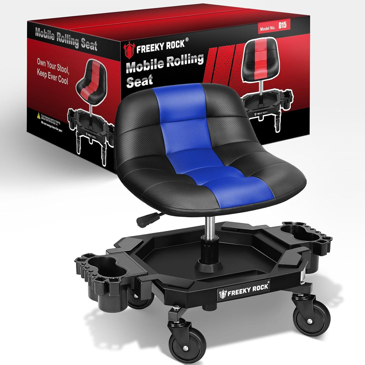 Rolling Stool with Wheels, Adjustable Height Pneumatic Garage Work Mechanic Stool Seat with Backrest, 400 LBS Capacity 360° Swivel Mechanic Crepper Chair with Tool Tray Storage, Blue