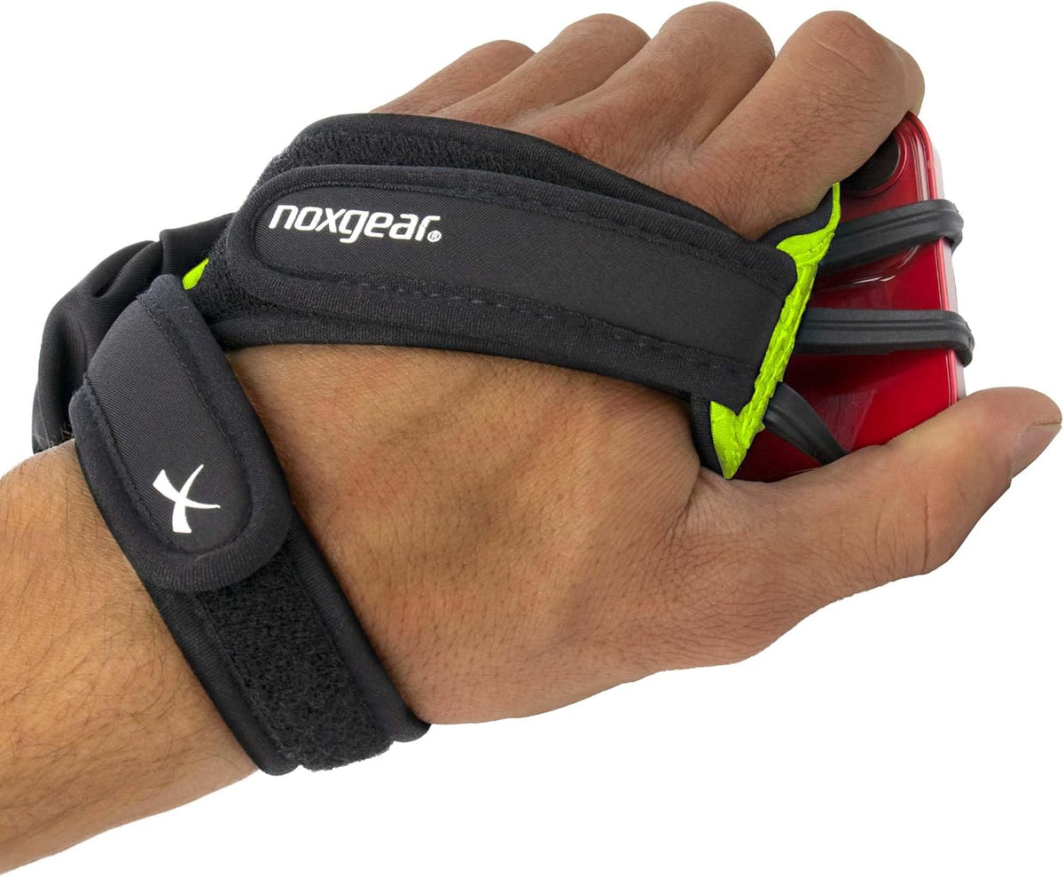 Noxgear Hand Held Phone Holder - Handheld Grip Phone Holder with Key Fob & Card Slot for Running, Jogging & Working Out - Compatible with All Phones - Machine Washable (Lime, Left Hand)